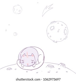 Cute cat sleeping in space surrounded by planets, stars, asteroids. Simple sweet kids nursery illustration. Graphic design for apparel.