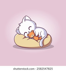 Cute Cat Sleeping with Teddy Bear Cartoon Vector Icon Illustration Animal Nature Icon Isolated Flat Vector