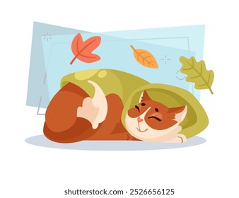 Cute cat sleeping under blanket vector illustration. Cartoon domestic animal character at home. Leaves on abstract background. Autumn or fall, pet concept