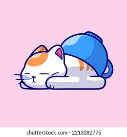 Cute Cat Sleeping Under Cup Cartoon Vector Icon Illustration. Animal Object Icon Concept Isolated Premium Vector. Flat Cartoon Style