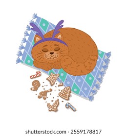 A cute cat sleeps after eating Christmas cookies. A template for the design of a Christmas card. A flat illustration.Merry Christmas and Happy New Year. Vector illustration in a flat style