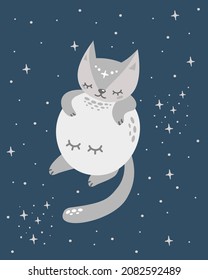 A cute cat sleeps in an embrace with the moon. Children's illustration. Night sky and stars. Vector illustration for print on baby clothes.
