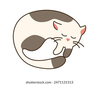 Cute cat sleeps isolated. Domestic spotted kitten lies curled up. Cute character with closed eyes for sticker. Kawaii animal with tail and whiskers. Doodle style colored. Vector illustration