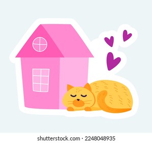 Die süße Katze schläft in der Nähe eines hübschen rosa Hauses. Gemütliche Hauselemente. Vektorgrafik in Cartografik-Aufkleberdesign