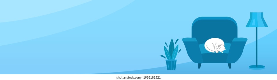 Cute cat sleeps on the chair in room. Blue banner of cozy home. Wide blue banner with copy space. Vector illustration in flat style.