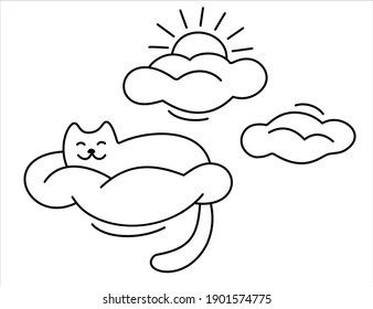 Cute cat sleeps on a cloud pillow against a background of sun and clouds. Cartoon Kitten asleep and dreams on sky. Black contours isolated on a white background. Vector image in a doodle style.