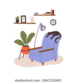 Cute cat sleeps on comfort armchair indoors. Black kitty relaxes, naps in cozy interior with bookshelves, houseplants. Lazy pet lying at home. Flat isolated vector illustration on white background