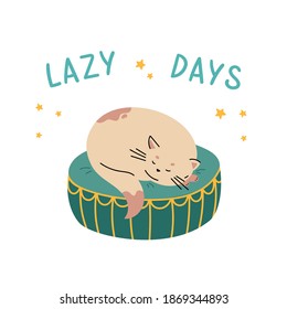 Cute cat sleeps on a comfortable ottoman. Cozy home interior. Lazy days lettering. Template for greeting card, congratulations, invitations, stickers, vector icon, cartoon flat illustration. 