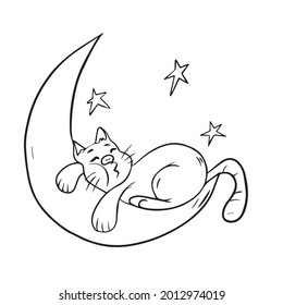 A cute cat sleeps on a crescent moon.Vector children's design on a white isolated background for banners with postcards. Coloring book