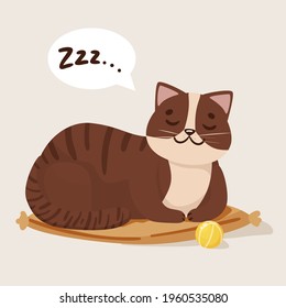 
A cute cat sleeps on a pillow, next to a play ball. Vector illustration isolated on white background