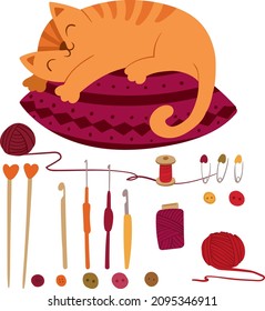A cute cat sleeps on a pillow with various sewing and knitting tools.For postcards, design.Vector illustration