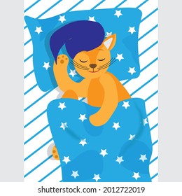 Cute cat sleeps on a striped sheet and a star pillow, covered with a star blanket, children's vector illustration