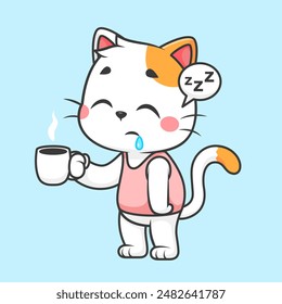 Cute Cat Sleepy Holding Coffee Cartoon Vector Icon Illustration. Animal Drink Icon Concept Isolated Premium Vector. Flat Cartoon Style