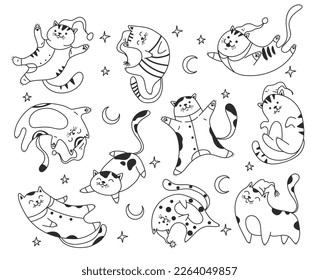 Cute cat sleepy night dream in pajamas print line sketch style concept. Vector graphic design illustration