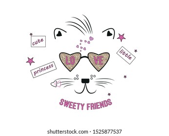 Cute Cat Slogan, Child Tee, Textile Graphic Vector.