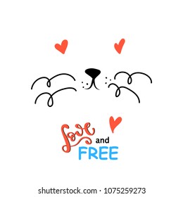 Cute cat slogan print. Love and free lettering