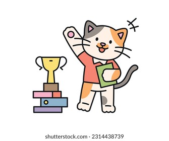 Cute cat. A smart cat is getting a trophy and having fun.