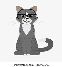 Cute cat. Smart grey cat wearing glasses. Cartoon character. Domestic animal. Flat vector stock illustration
