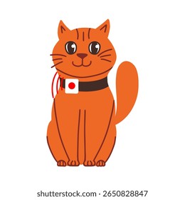 Gato bonito com rastreador gps animal de estimação inteligente no colarinho. Dispositivo tecnológico para pesquisa remota de animais. Ilustração do desenho da mão do vetor