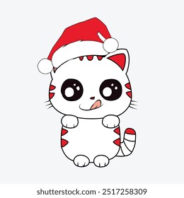 A cute cat smiling with Sant's cape on his head. Cute cartoon cat, Christmas cat sticker, Christmas theme kitten set. 
Cute cat Merry Christmas Shirts, Christmas Shirts for Women, Summer Santa Shirt,