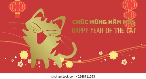 Cute cat smiling for vietnamese new year of the cat with lanterns. Vietnamese celebration of Tet, Lunar New Year 2023 in Vietnam. Tết Nguyên Đán banner illustration.