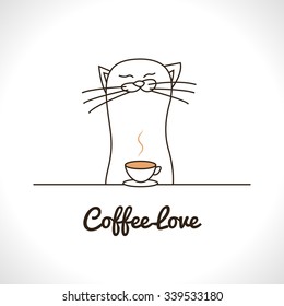 Cute cat sniffing coffee cup. Adorable animal vector illustration.