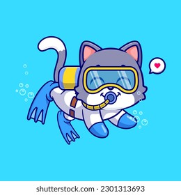 Cute Cat Snorkeling Cartoon Vector Icon Illustration. Animal Holiday Icon Concept Isolated Premium Vector. Flat Cartoon Style