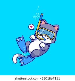 Cute Cat Snorkeling Cartoon Vector Icon Illustration. Animal Holiday Icon Concept Isolated Premium Vector. Flat Cartoon Style