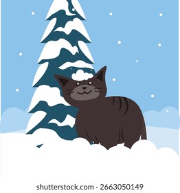 Cute cat in the snow. Vector illustration. Christmas card.