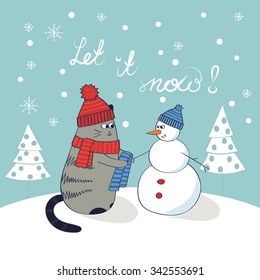 Cute cat and snowman. Christmas card template. Let it snow lettering. Doodle winter vector illustration. 