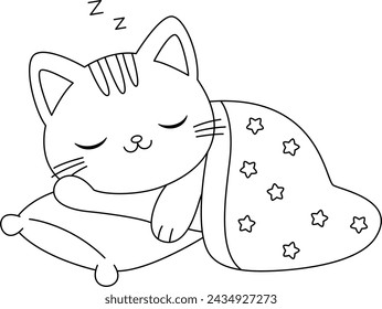 The cute cat is snuggled up in a blanket and sleeping coloring page 