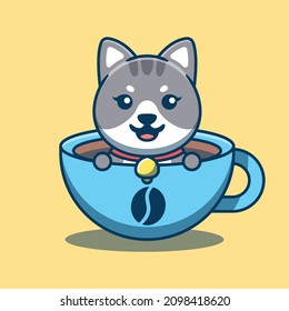 Cute cat soaking in a cup of coffee vector cartoon icon. Isolated cute cat. Flat cartoon style.