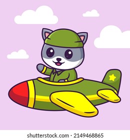 Cute Cat Soldier Driving Jet Plane in Cartoon. War Vector Illustration. Flat Style Concept.