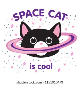 Cute Cat In Space Print. Childish Vector Illustration In Cartoon Style. Perfect For Kids And Baby Apparel Design, Wall Art, Poster.