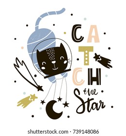 Cute cat in space print. Childish vector illustration in scandinavian style. Perfect for kids and baby apparel design, wall art, poster