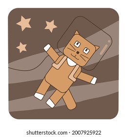 Cute cat in space suit fly in cosmos space. Astronaut flying among the stars, kids card, poster, icon, avatar, creamy colors vector illustration