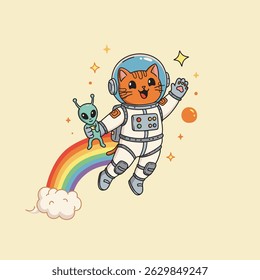 Cute cat in space waving at a small yellow star.