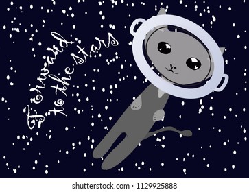 Cute cat in space.Vector illustration.Animal astronaut in a helmet. Cartoon-style. Sign forwards to the stars.