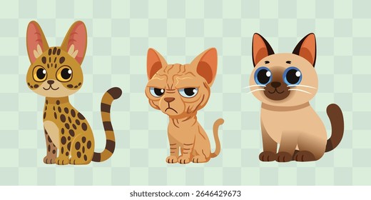 Espécie de gato bonito, Gato de bengala, Gato de esfinge, Gato siamês, Ilustração de vetor de desenhos animados