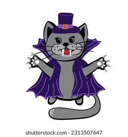 Cute cat in spooky outfit of dracula. Halloween Cat Costume Party. Vector illustration.