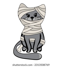 Cute cat in spooky outfit of mummy. Halloween Cat Costume Party. Vector illustration.