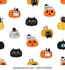 Cute gato y espeluznante calabaza sin costuras y fondo. Caricatura de las festividades de Halloween. -vector