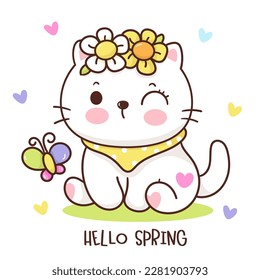 Cute cat spring with butterfly and flower. Series: Kawaii animals kitten isolated on white background (Character cartoon) Holiday activities. Perfect make a wish for baby t shirt fairy tale book.