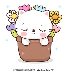 Cute cat spring in flower pot. Series: Kawaii animals kitten isolated on white background (Character cartoon) Holiday activities. Perfect make a wish for baby t shirt fairy tale book, celebration.