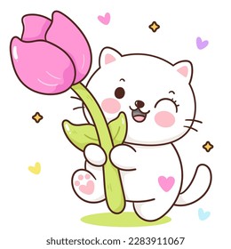 Primavera de gato lindo sosteniendo una flor de tulipano gigante. Serie: Animales Kawaii gatitos aislados de fondo blanco (caricatura de caracteres) Actividades de vacaciones. Perfecto hacer un deseo para un libro de cuento de hadas de camisetas de bebé.