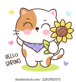 Cute cat spring holding sunflower. Series: Kawaii animals kitten isolated on white background (Character cartoon) Holiday activities. Perfect make a wish for baby t shirt fairy tale book, celebration.