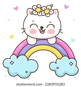 Cute cat spring on colorful rainbow. Series: Kawaii animals kitten isolated on white background (Character cartoon) Holiday activities. Perfect make a wish for baby t shirt fairy tale book.