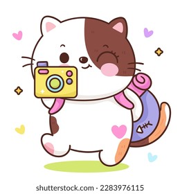 Cute cat spring traveler with camera and backpack. Series: Kawaii animals kitten isolated on white background (Character cartoon) Holiday activities. Perfect make a wish for baby t shirt fairy tale.