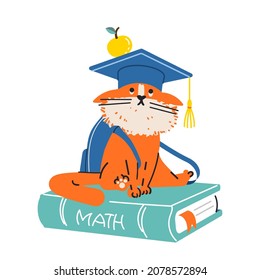 A cute cat in a square academic cap sits on a book. Back to school concept. Hand drawn illustration in cartoon style. Vector on white background