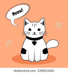 Cute cat square card, vector art decoration sticker, black and white kitty with speech bubble, meowing cat. Art for logos, mascot, print, web and other animalistic design.